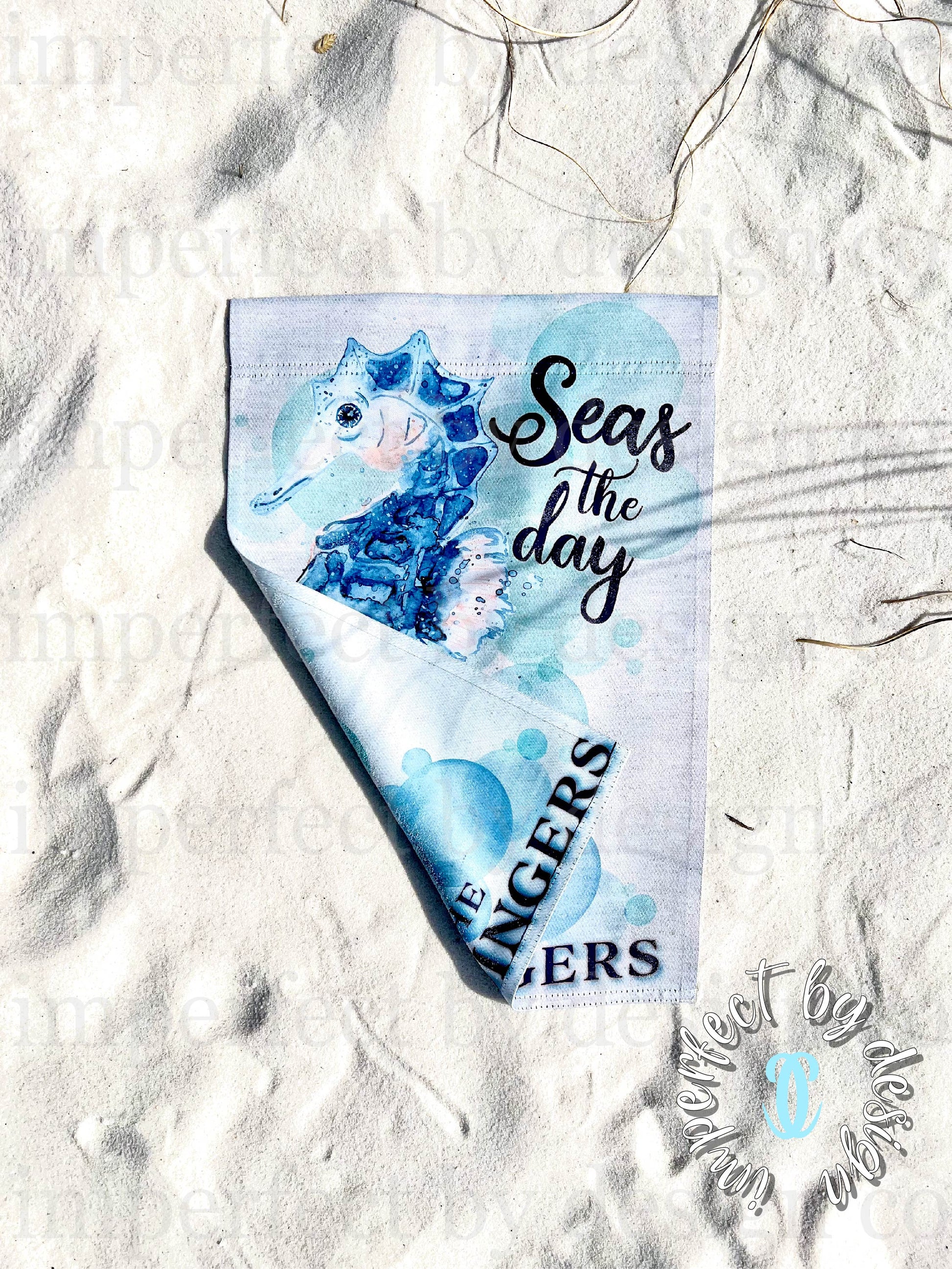 Personalized Garden Flag 'Seas the Day' double sided print lay on white sand  | imperfect by design co