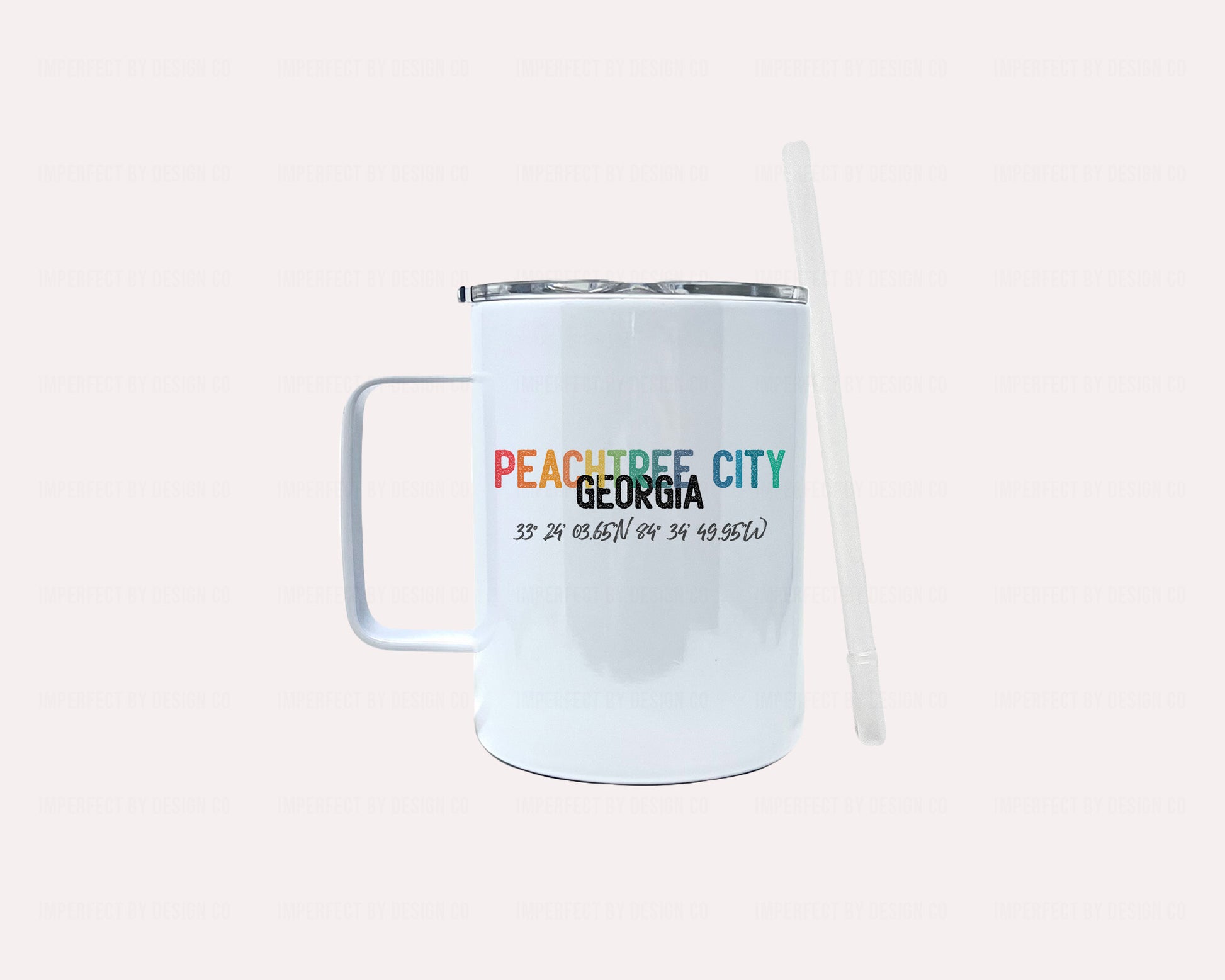 12oz 12 ounce Stainless steel camper mug with Peachtree City Georgia Coordinates rainbow graphic | imperfect by design co