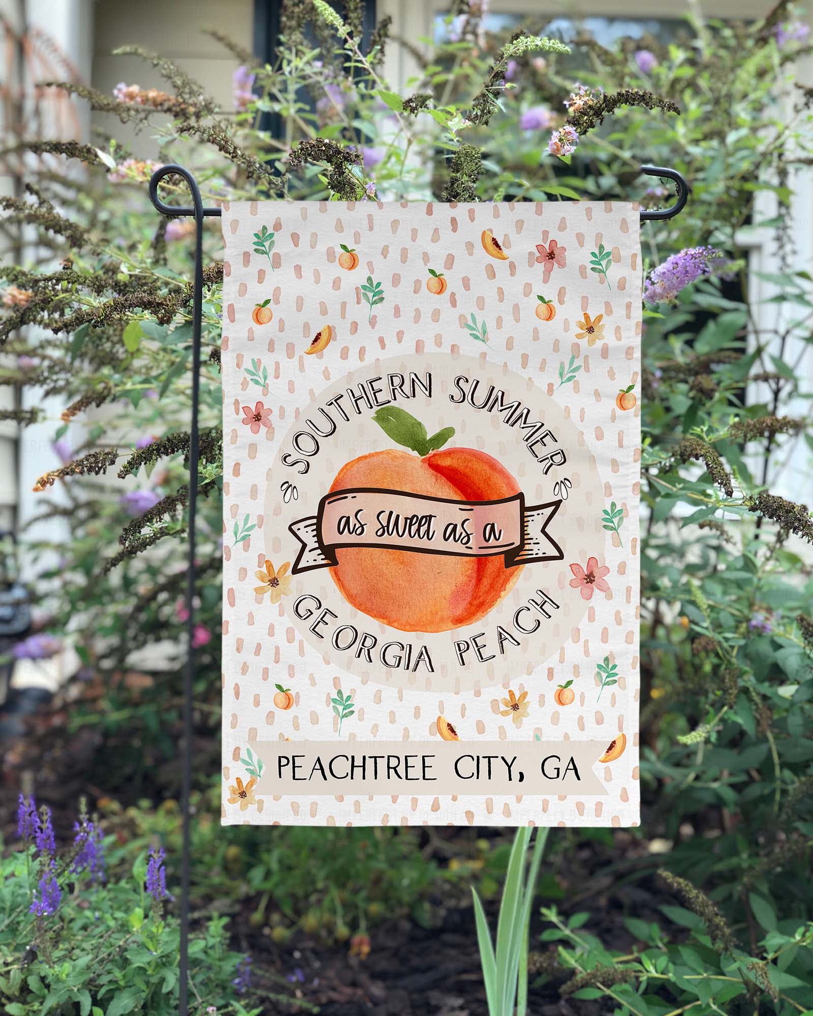 Beautiful Southern Summer - Peach, Peachtree City - Garden Flag featuring a bold and juicy peach with the words 'Southern summer sweet as a Georgia peach'. Crafted from high-quality, weather-resistant material. Must-have addition to your outdoor decor! - Hometown Pride Collection | imperfect by design co