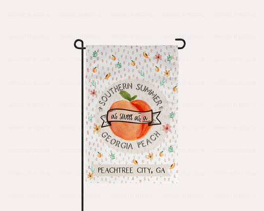 Southern Summer - Peach, Peachtree City - Garden Flag with bold and juicy peach, and the words 'Southern summer sweet as a Georgia peach'. High-quality, weather-resistant material ensures long-lasting use. Perfect cheerful greeting for your guests - Hometown Pride Collection | imperfect by design co