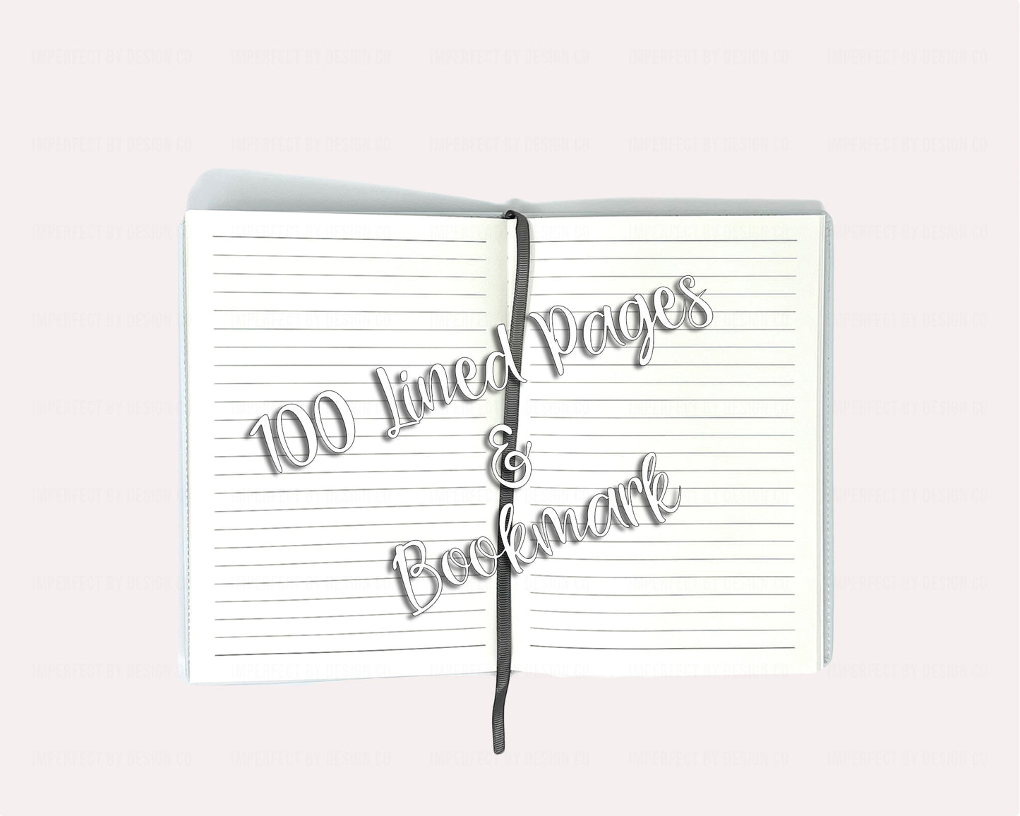 A notebook with a grey whimsical leaf motif background and Peachtree City Georgia est. 1959 in the foreground, featuring 100 lined pages and an attached cloth ribbon bookmark. | imperfecrt by design co